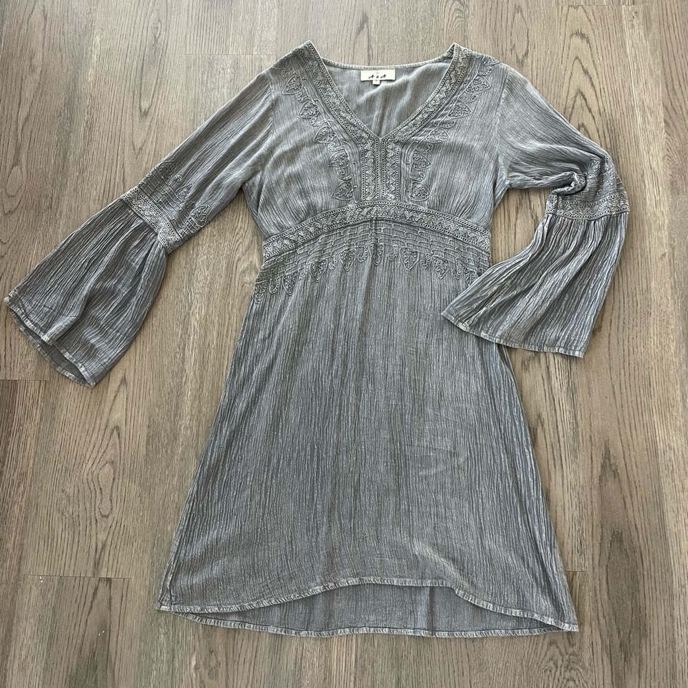 Gray Embroidered Long Sleeve Dress - Size S
